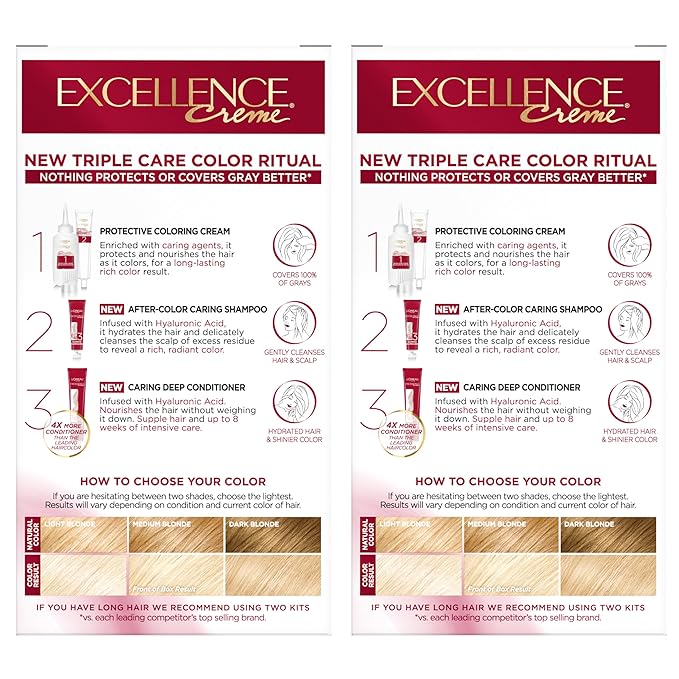 L'Oreal Paris Excellence Crème Permanent Hair Dye, Triple Care Hair Color with Pro-Keratine Complex for 100% Gray Hair Coverage, 9.5NB Lightest Natural Blonde, 1 Kit (Pack of 2)
