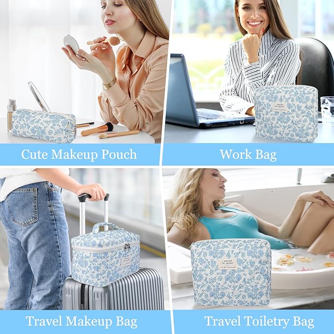 3pc Makeup Bag Set, Quilted Makeup Bag Set, Large Floral Cosmetic Bag for Women, Cute Cotton Makeup Bags, Flower Travel Toiletry Organizer Bag (Pink Cherry Flowers)