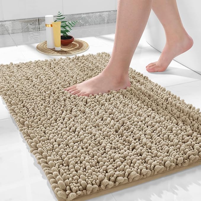 Yimobra Bathroom Rugs Non Slip Washable 24x17 Inch - Ultra Soft Absorbent Chenille Bath Mat, Quick Dry Shaggy Floor Carpet for Tub Shower, Camel Home Decor Accessories