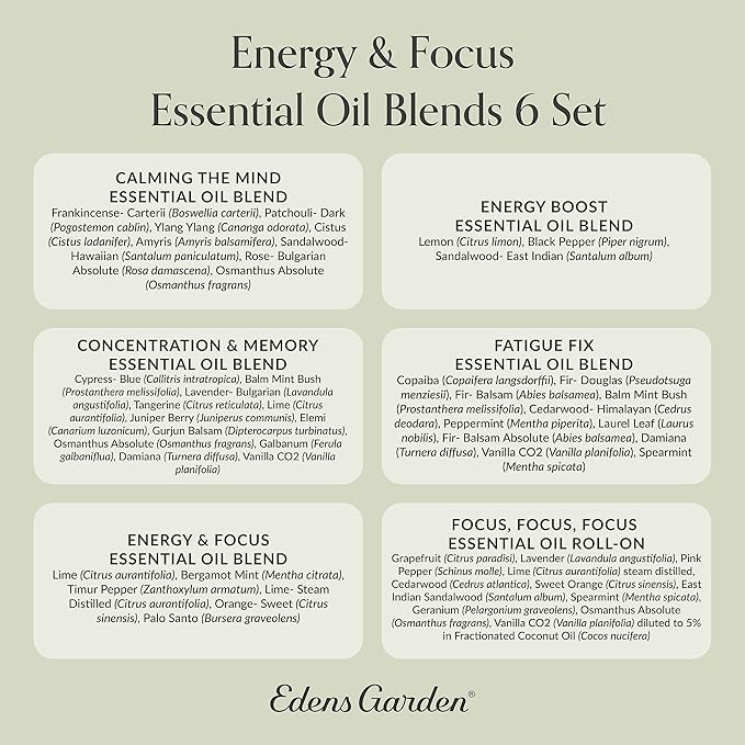 Edens Garden Energy & Focus Essential Oils 6 Set – 100% Pure Therapeutic Grade, Undiluted Blends For Clarity, Motivation & Mental Boost – No Fragrance Oil, Perfect For Diffuser & Office, 10 ml/ 6 Pack