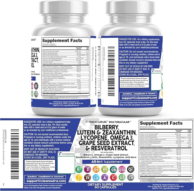 Clean Nutra Eye Vitamins with Bilberry Lutein and Zeaxanthin Supplements Lycopene 40mg Resveratrol Grape Seed Astaxanthin for Eyes - Eye Care Health Support (60 Count (Pack of 2))