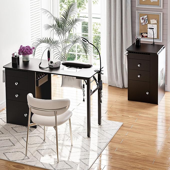Foldable Nail Table with Dust Collector, Manicure Desk for Nail Tech,with LED Lamp, Wrist Rest, Rolling Nail Table for Salon, Home Beauty Workstation, Compact Nail Station with Storage (Black)