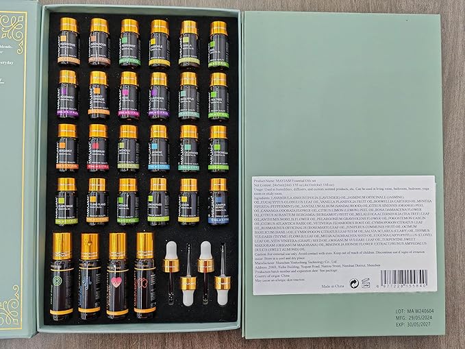 MAYJAM Top 28 Essential Oil Set for Diffuser Massage, 24x5ml Essential Oil Singles, 4x10ml Essential Oil Blends for Home Office Yoga
