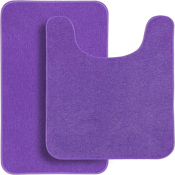 Bathroom Rugs Set 2 Pieces,Thin Bathroom Mats,Toilet Rugs,Quick Dry,Non-Slip,Machine Washable,Low Pile,Absorbent Bath Mats,Shower,Sink,Home Decor Accessories.Purple,1'5"x2'3"+1'8"x2" U Shape