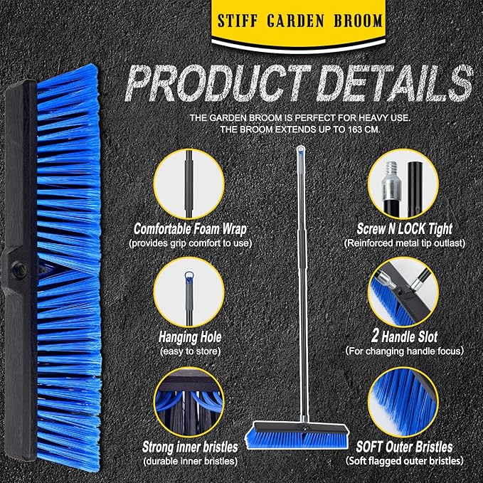 18 Inches Outdoor Push Broom Heavy Duty Shop Broom with 63" Long Handle for Deck Driveway Garage Yard Patio Concrete Floor Cleaning(Blue)