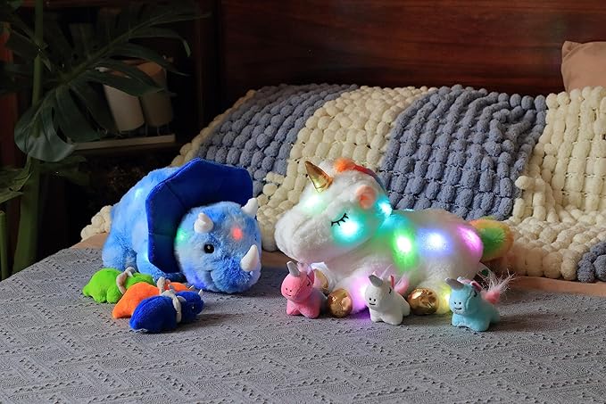 Hopearl LED Plush Unicorn Lighting Up Stuffed Mommy Unicorn with 3 Baby Unicorns in her Tummy Floppy Stuffed Animal Playset Night Lights Glow in The Dark Gifts for Kids Toddler Girls, White, 19''