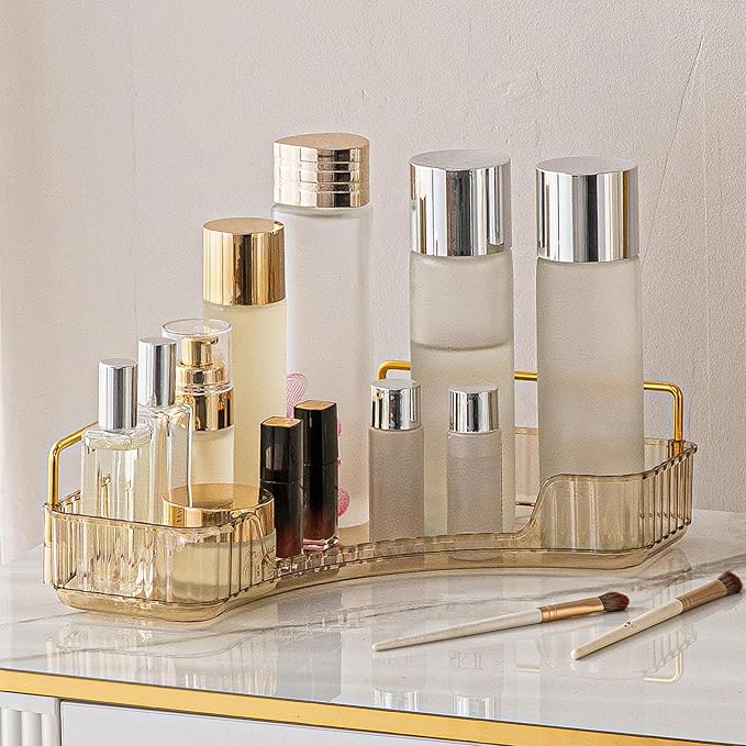 YCIA&DONE Corner Bathroom Counter Organizer, Makeup Organizer for Vanity, Skincare Cosmetic Perfume Tray, Corner Countertop Shelf Rack Storage for Bathroom Kitchen 1 Tier (Amber Gold)