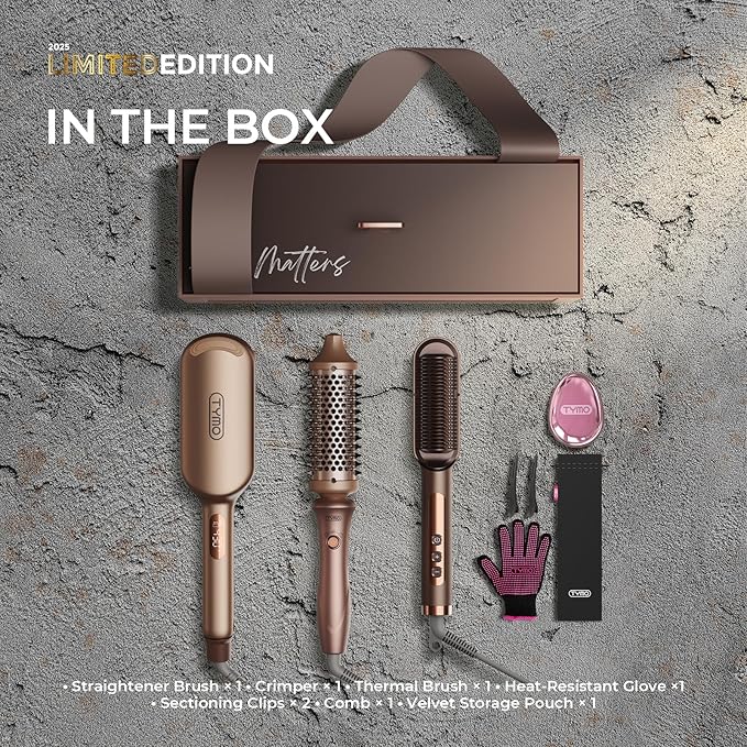TYMO 2025 Limited Edition Styling Set - Include TYMO ROVY Hair Crimper Wave Curling Iron & Ring Plus Straightener Brush & STYLUX Thermal Brush, 3 in 1 Ionic Hair Curler Tool Set for Women