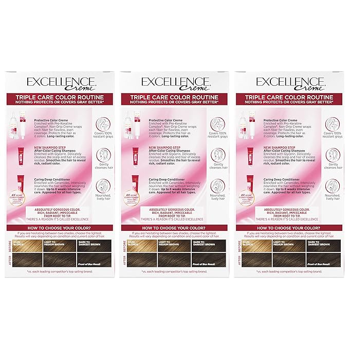 L'Oreal Paris Excellence Creme Permanent Hair Color, 5AB Mocha Ash Brown, 100 percent Gray Coverage Hair Dye, Pack of 3