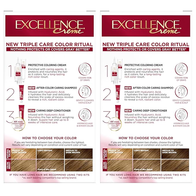 L'Oreal Paris Excellence Crème Permanent Hair Dye, Triple Care Hair Color with Pro-Keratine Complex for 100% Gray Hair Coverage, 6 Light Brown, 1 Kit (Pack of 2)