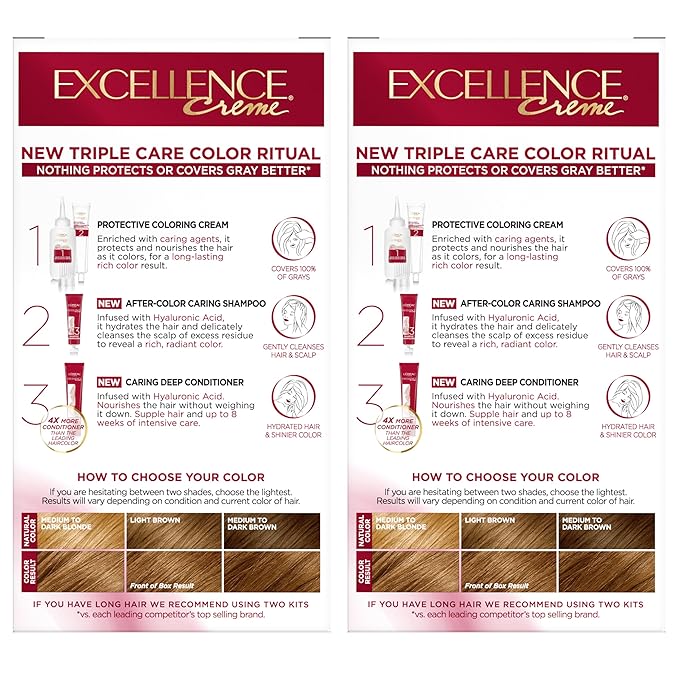L'Oreal Paris Excellence Crème Permanent Hair Dye, Triple Care Hair Color with Pro-Keratine Complex for 100% Gray Hair Coverage, 6G Light Golden Brown, 1 Kit (Pack of 2)