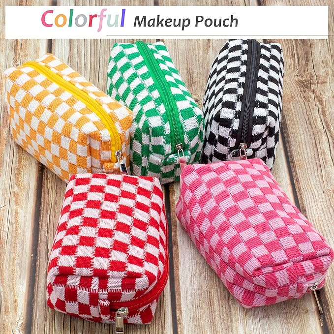 PAZIMIIK Checkered Makeup Bag for Purse Portable Zipper Make Up Pouch Small Cosmetic Case for Travel Accessories (2PCS Red)