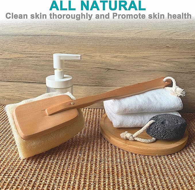 2 Pack Natural Exfoliating Loofah luffa loofa Bath Brush On a Stick - with Long Wooden Handle Back Brush for Men & Women - Shower Sponge Body Back Scrubber
