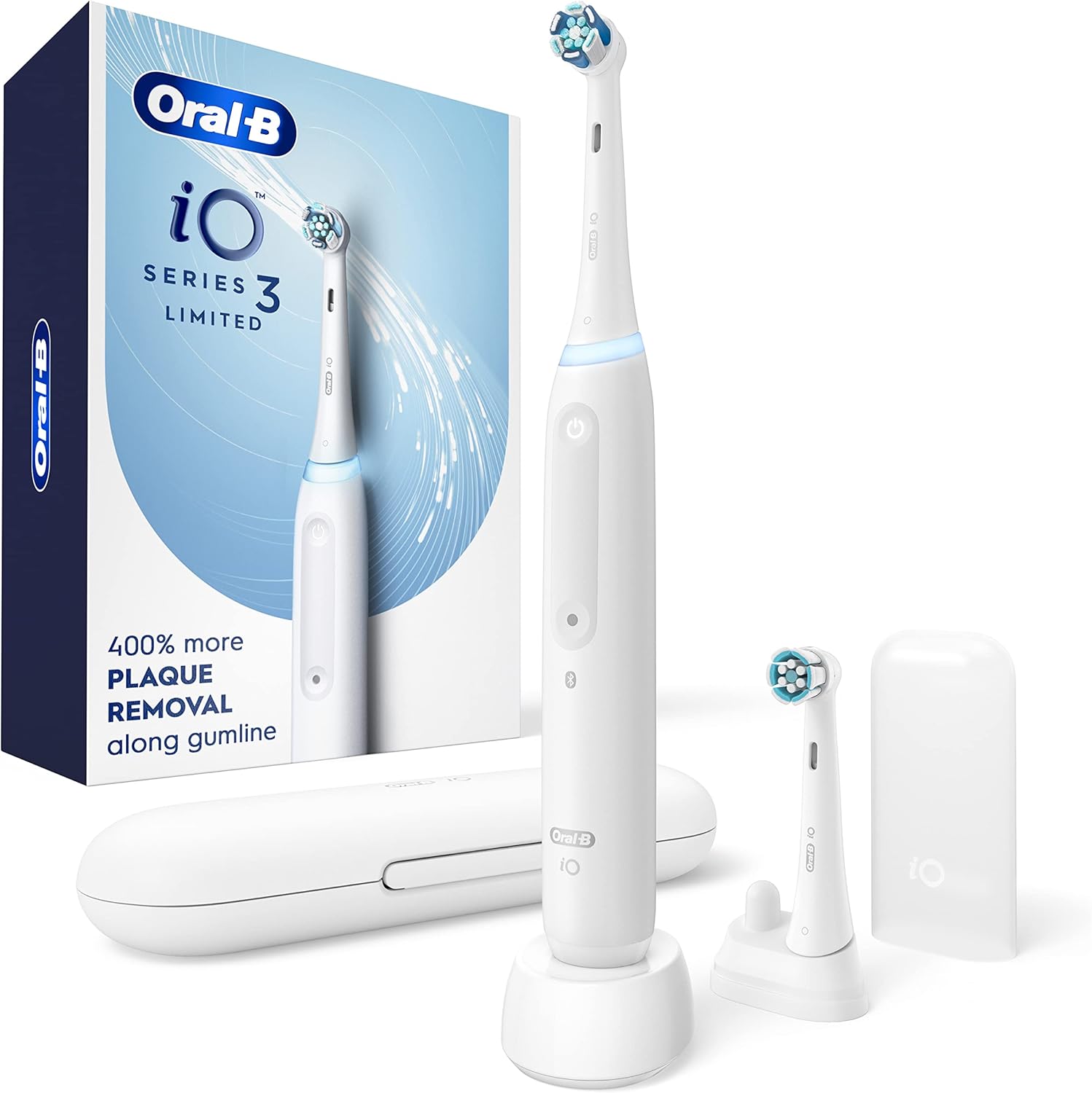Electric toothbrush, toothpaste, and water flosser on white bathroom counter — clean oral hygiene concept.