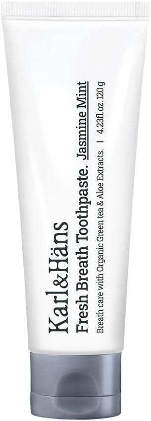 Karl&Hans Fresh Breath Jasmine Mint Toothpaste with Fluoride – Bad Breath Removal, Cooling Jasmine Mint Freshness, Cavity Protection, Whitening & Stain Removal, 4.23 fl oz