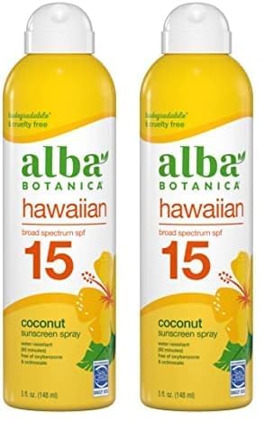 Sunscreen Spray for Face and Body, Broad Spectrum SPF 15 Sunscreen, Hawaiian Coconut, Water Resistant and Biodegradable - Alba's Quality SPF 15 - Pack of (4) x 5 fl. oz. Bottles