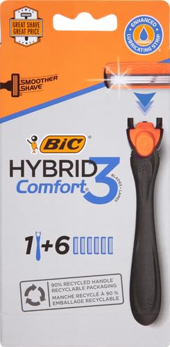 BIC Comfort 3 Refillable Three-Blade Disposable Razor for Men, Sensitive Skin Razor For a Comfortable Shave, 1 Handle and 6 Cartridges, 7 Piece Razor Set (Pack of 2)