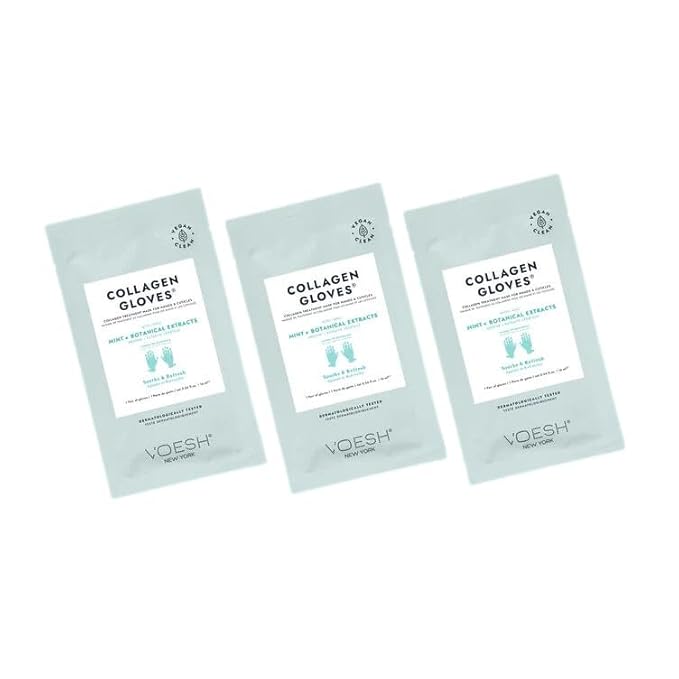 VOESH Collagen Gloves, Vegan Hand Masks, Peppermint, 3 Pack, Moisturizing Hand Mask, Lotion Gloves, Hydrating Gloves, Hand Care, Spa Manicure Gloves, Dry Hand Treatment