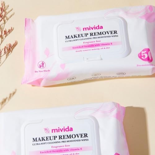 Mivida Hypoallergenic Makeup Remover Wipes With Vitamin E, Daily Cleansing Facial Towelettes, For Sensitive Skin, 50 Count, Alcohol Free, Fragrance Free Makeup Wipes
