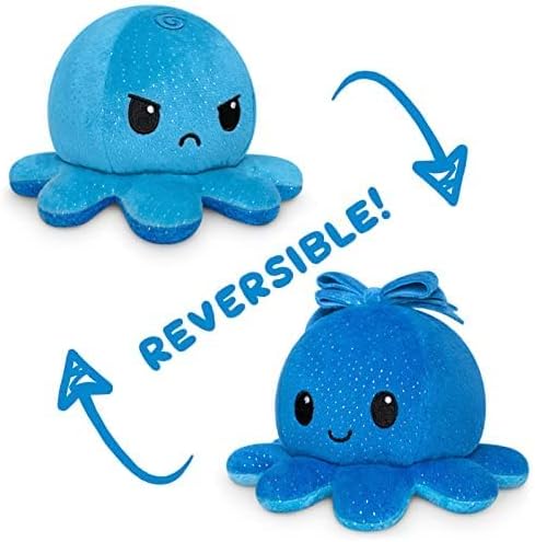 TeeTurtle - The Original Reversible Octopus Plushie - Blue Sparkle + Bow - Cute Sensory Fidget Stuffed Animals That Show Your Mood 4 inch