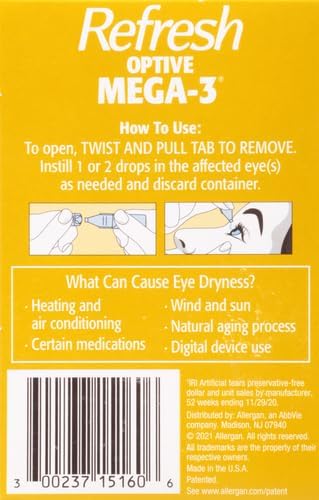 Refresh Eye Drops, Lubricant, Artificial Tears, Preservative-Free | Optive MEGA-3 | 60 Containers | Single-Use | 0.01 fl oz