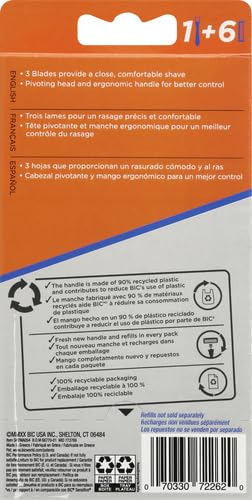 BIC Comfort 3 Refillable Three-Blade Disposable Razor for Men, Sensitive Skin Razor For a Comfortable Shave, 1 Handle and 6 Cartridges, 7 Piece Razor Set (Pack of 2)