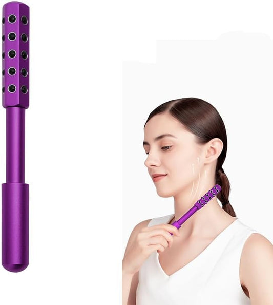 30-Stone Facial Roller - Cooling Face & Neck Massager Tool for Skin Rejuvenation | 360° Contouring with Germanium Stones & Aircraft Aluminum | Portable 7.6" Beauty Roller - Purple