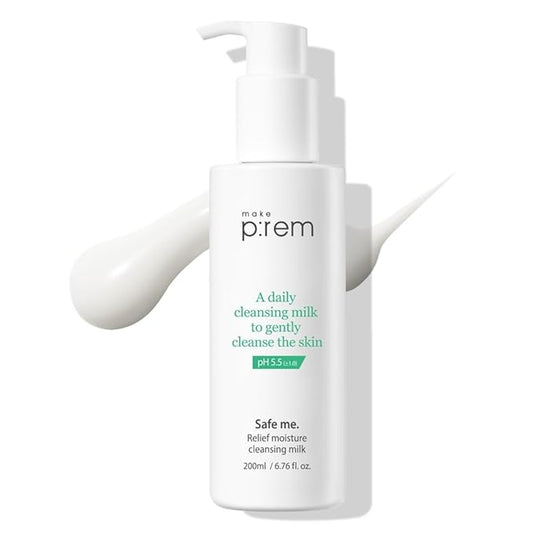 MAKE P:REM Safe Me. Relief Moisture Cleansing Milk, Hydrating Gentle Milk Cleanser for Sensitive Skin with Soy Protein, Korean Face Wash, 6.76 fl.oz. (200ml)