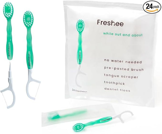 Freshee Bead -5 in 1 Disposable Mini Toothbrush with Refreshing Bead + Floss + Pick + Tongue Scraper | Travel Size | Individually Wrapped | Soft | Light Mint | Travel Set