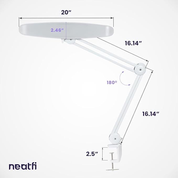 Neatfi XL 2,200 Lumens LED Task Lamp, 20W, 182 Pcs SMD LED, Dimmable, 4 Level Brightness, 3 Light Modes, Desk Light for Home, Office, Workbench (CCT, White)