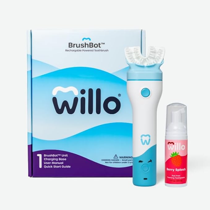 Willo BrushBot Kids U-Shaped Toothbrush Starter Kit – Rechargeable, Smart Electric Toothbrush for Kids Ages 8-11 w/App, Soft Bristles, Plaque Removal, Gentle & Deep Clean Modes | Medium Berry Splash