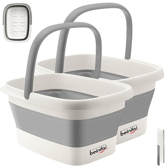 Collapsible Foot Bath Basin for Soaking Feet,Foot Soak Tub,Plastic Foot Bucket with Handles and Massage Acupoint,Foldable Laundry Basket-Gery (2 Pack)