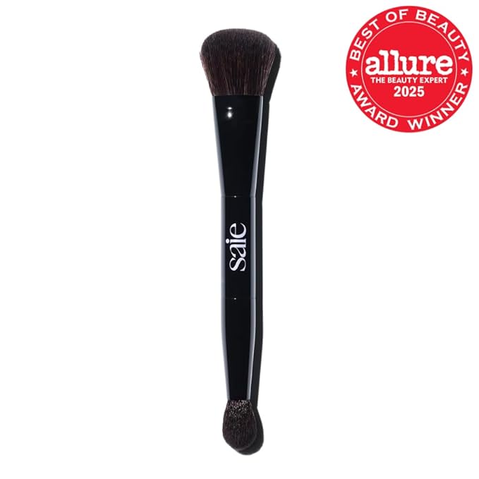 Saie The Double Brush - Dual Ended Makeup Brush For Powder and Cream Formulas - 2 Ultra-Soft Makeup Brushes in 1 for Precise + All-Over Application - Conceal, Highlight, and Sculpt - Vegan (1 Count)