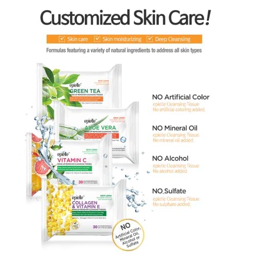 Epielle Makeup Remover Wipes, Remove Waterproof Mascara, Gentle Daily Facial Cleanser Towelettes with Witch Hazel, Cica & Green Tea, Stocking Stuffers, Thanksgiving Essentials, 30 Count (Pack of 6)