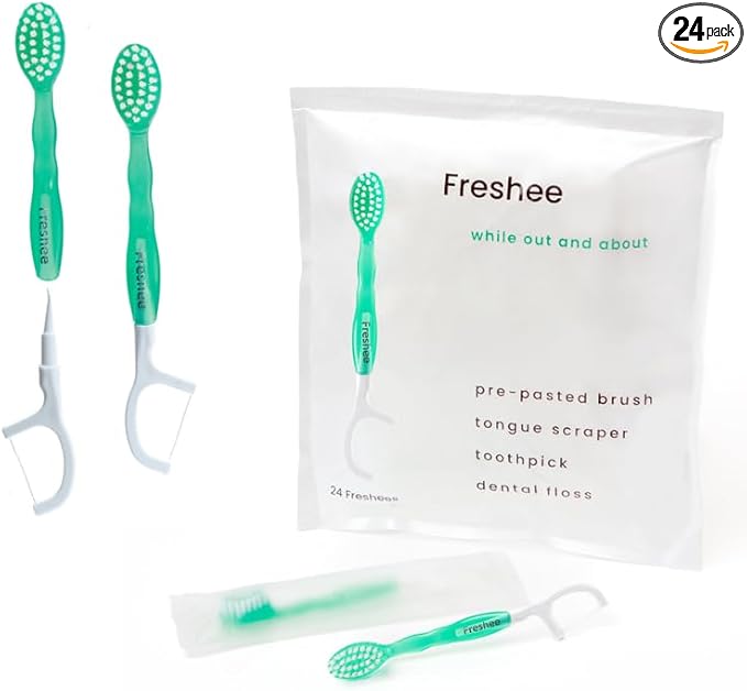 Freshee Paste - 5 in 1 Disposable Mini Toothbrush with Soft Bristles & Toothpaste + Floss + Pick + Tongue Scraper | Travel Size | Individually Wrapped | Soft | Mint | Travel Set |Oral Care