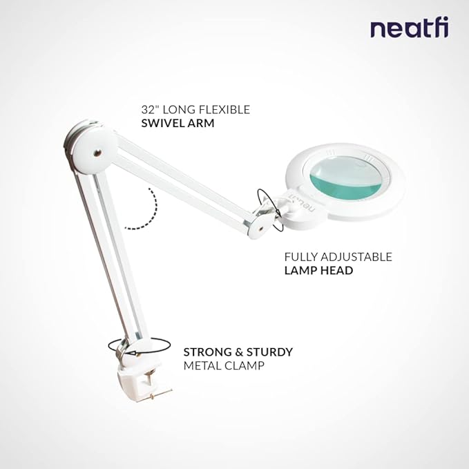 Neatfi XL Bifocal LED Magnifying Lamp, 7-Inch Acrylic Lens, 5D/20D Magnification, Hands-Free, Dimmable, 84 SMD LED, Adjustable Arm for Crafts, Reading, Close Work (White, CCT with Clamp)