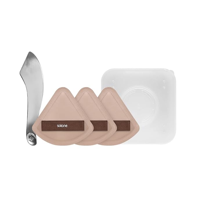 Solone Makeup Spatula and Sponge 3-PCs Set – Washable Foundation Tools with 1 Spatula & 3 Reusable Makeup Sponges + Storage Case | For Blending Liquid, Cream, or Foundation Makeup