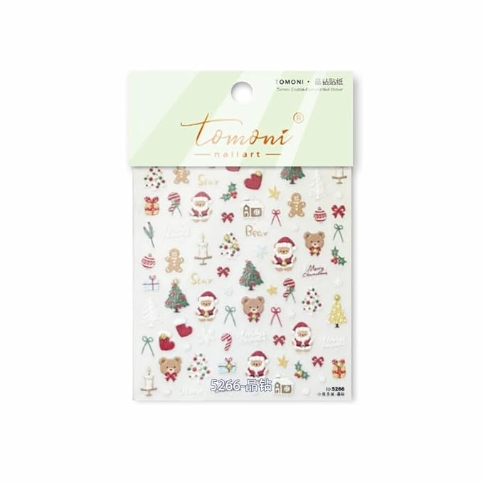 Christmas Nail Art Stickers Decals 5D Embossed Santa Claus Xmas Tree Nail Decals with Crystal 1PCS Cute Bear Bow Candy Cane Snowflake Christmas Nails Adhesive Stickers for Holiday Manicure Decorations