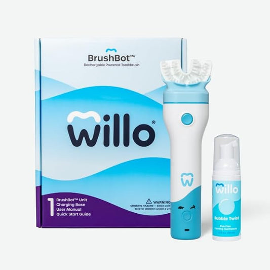 Willo BrushBot Kids U-Shaped Toothbrush Starter Kit – Rechargeable, Smart Electric Toothbrush for Kids Ages 8-11 w/App, Soft Bristles, Plaque Removal, Gentle & Deep Clean Modes | Medium Bubble Twist