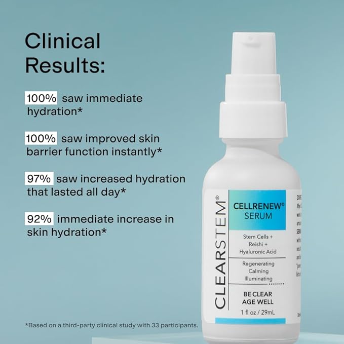CLEARSTEM - CELLRENEW - Collagen Stem Cell Serum - Acne + Youthful Skin Face Serum - Hyaluronic Acid, Reishi, Aloe Vera - Facial Skin Care Products - Gluten Free, Cruelty Free - 1 fl oz / 29ml