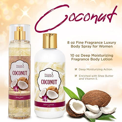 Home Spa Gift 10oz Deep Moisturizing Fragrance Body Lotion & 8 oz. Fine Fragrance Body Mist Set Luxury Self-Care Combo for Women and Girls (Coconut)