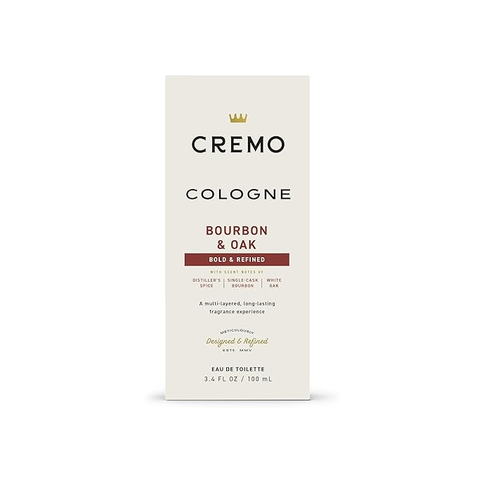 Cremo Cologne For Men - Bourbon & Oak Mens Cologne Spray, A Sophisticated Blend of Distiller’s Spice, Fine Bourbon and White Oak, Multi-Layered Signature Men's Fragrances, 3.4 Fl Oz