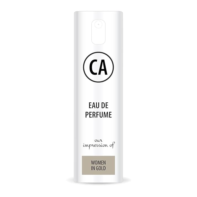CA Perfume Impression of Women In Gold Eau De Parfum Chypre Floral Scent Long Lasting Perfumes for Women Travel Size TSA Ready for Day and Night Wear 0.33 Fl Oz 10ml