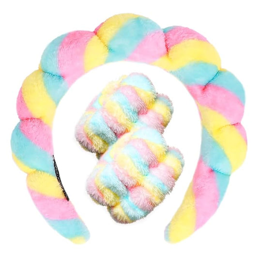 Spa Headbands for Washing Face Wristband Set Sponge Makeup Skincare Headband Wrist Towels Bubble Soft Terry Towel Cloth Hairband for Women Puffy Headwear Non Slip Thick Thin Hair