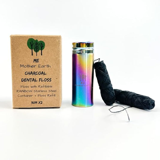 Vegan Biodegradable Bamboo Charcoal Dental Floss with Refillable Stainless Steel Rainbow Container | Extra Floss Refill | Natural Candelilla Wax | 30M x2 | Peppermint | Eco Zero Waste Oral Care