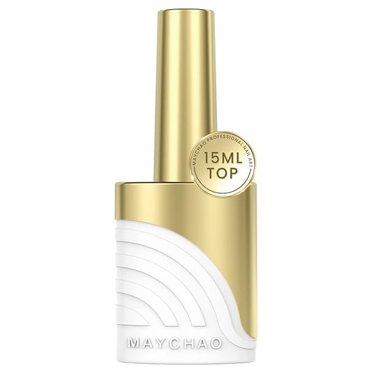 MAYCHAO Glossy Gel Top Coat, 15ml No Wipe Diamond Shine Top Coat Soak Off Nail Lamp Gel Nail Polish Glossy Finish Long Lasting for Home Nail DIY Manicure, 0.5 OZ