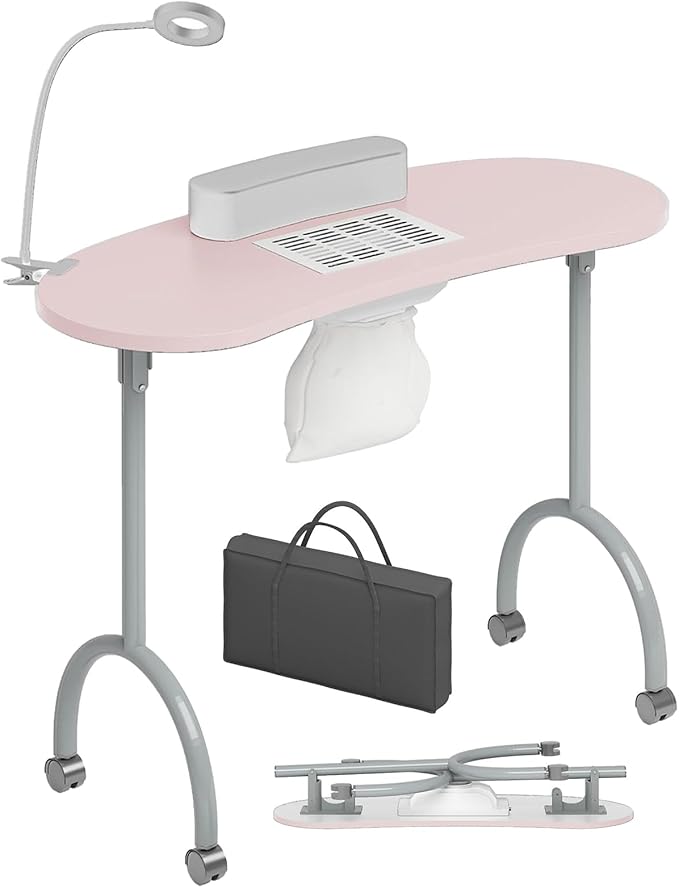 TABU Portable Manicure Nail Table, Foldable Manicure Table with Dust Collector Fan, LED Lamp, 4 Lockable Wheels and Carry Bag, Professional Nail Desk with Wrist Cushion (Pink)