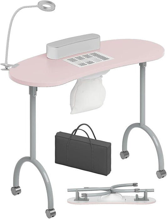 TABU Portable Manicure Nail Table, Foldable Manicure Table with Dust Collector Fan, LED Lamp, 4 Lockable Wheels and Carry Bag, Professional Nail Desk with Wrist Cushion (Pink)