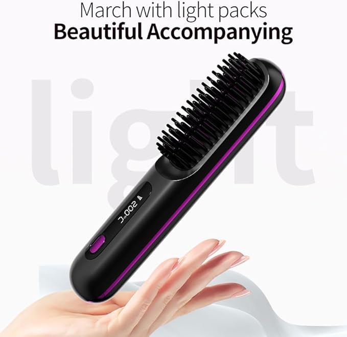 Go Brush Pro 2025 Cordless Hair Straightener Brush – 3 Heat Settings, USB Rechargeable, 2-in-3 Straightener & Curler, Ionic Anti-Static for All Hair Types (Black)