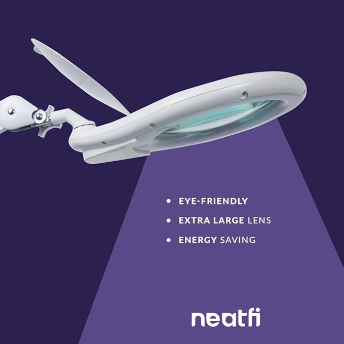 Neatfi LED Magnifying Lamp, 5 Diopter Glass Lens, 6500K Daylight Bright Light, Adjustable Arm, Eye-Friendly Lamp for Crafts, Sewing, Painting, Jewelry Making & Reading (White, 7-Inch Lens with Clamp)